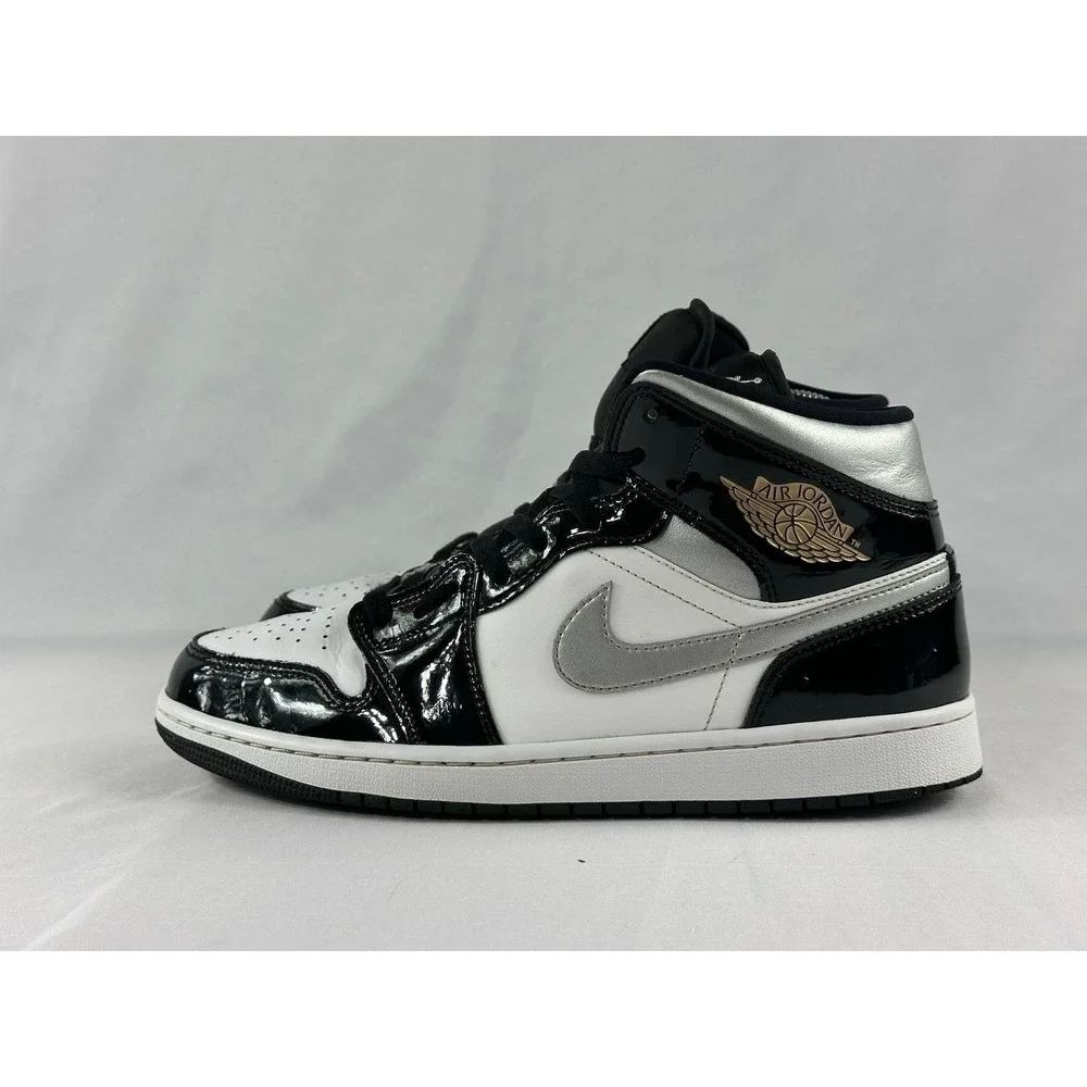 Nike Jordan 1 Mid SE Patent Black White Metallic Silver HV0789-010 Men's Size 9